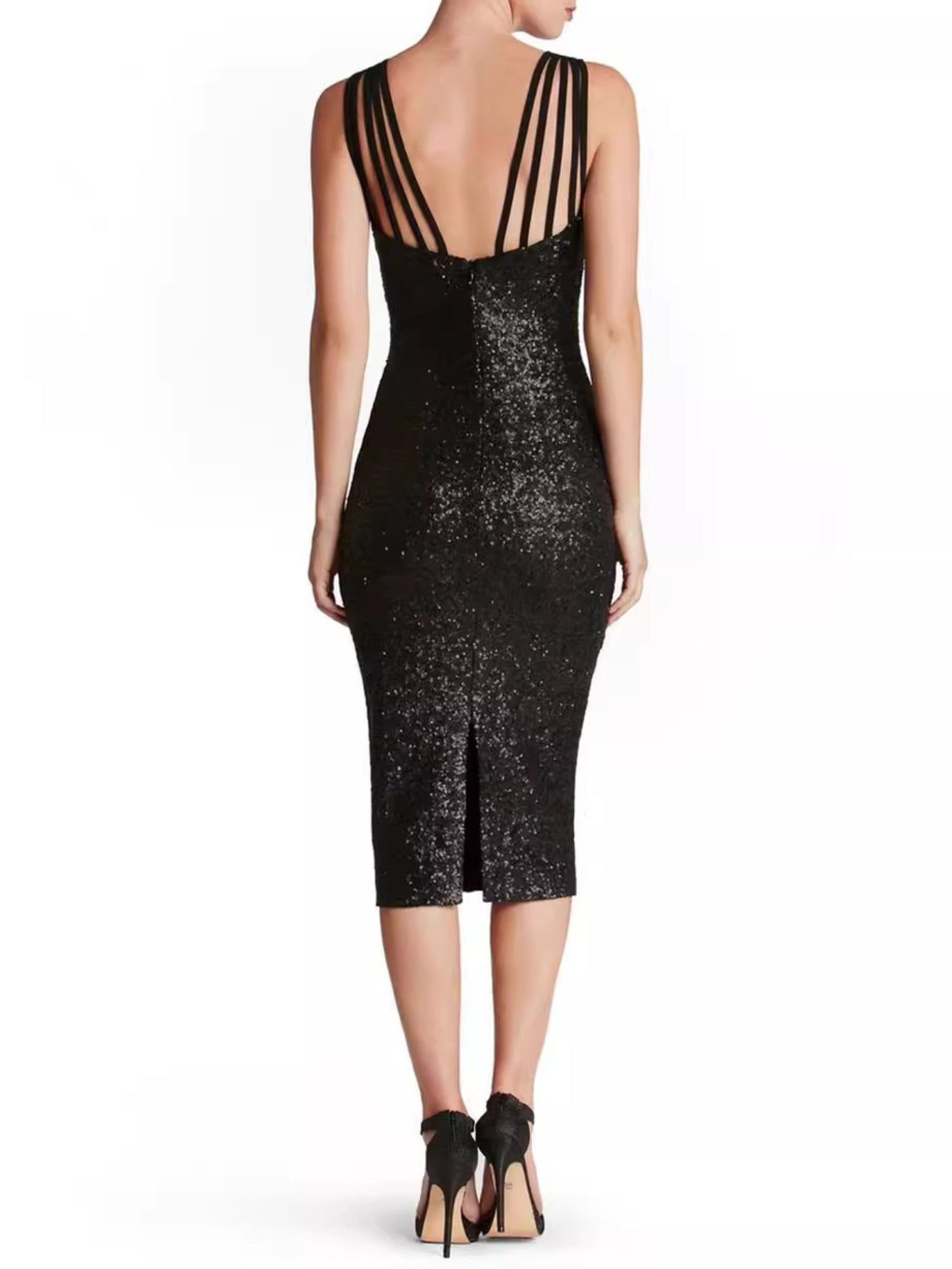 HERTALK Evening Dress for Women | Sexy, Backless Dress with Sequins and Straps, V-Neck, Long Sleeve, Belted, Long Length