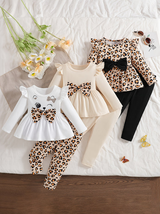 Baby Products, Newborn Baby Girl Clothing, Girl's Clothing, Baby Girl Autumn And Winter Flying Sleeves, Leopard Print Bow, Round Neck+same Series Long Single Pants 3pcs Combination Set, Children's Halloween , Halloween , Perf
