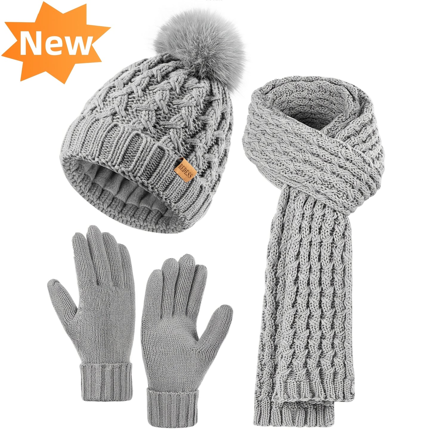 Women's Scarf, Gloves & Beanie Hat Set, Plush Touchscreen Gloves, Cold Weather Hand & Neck Warmers, Christmas & Thanksgiving Gifts for Adults, Beige/Elegant Multi-Color Options (Brown/Beige/Tan), Cozy Winter