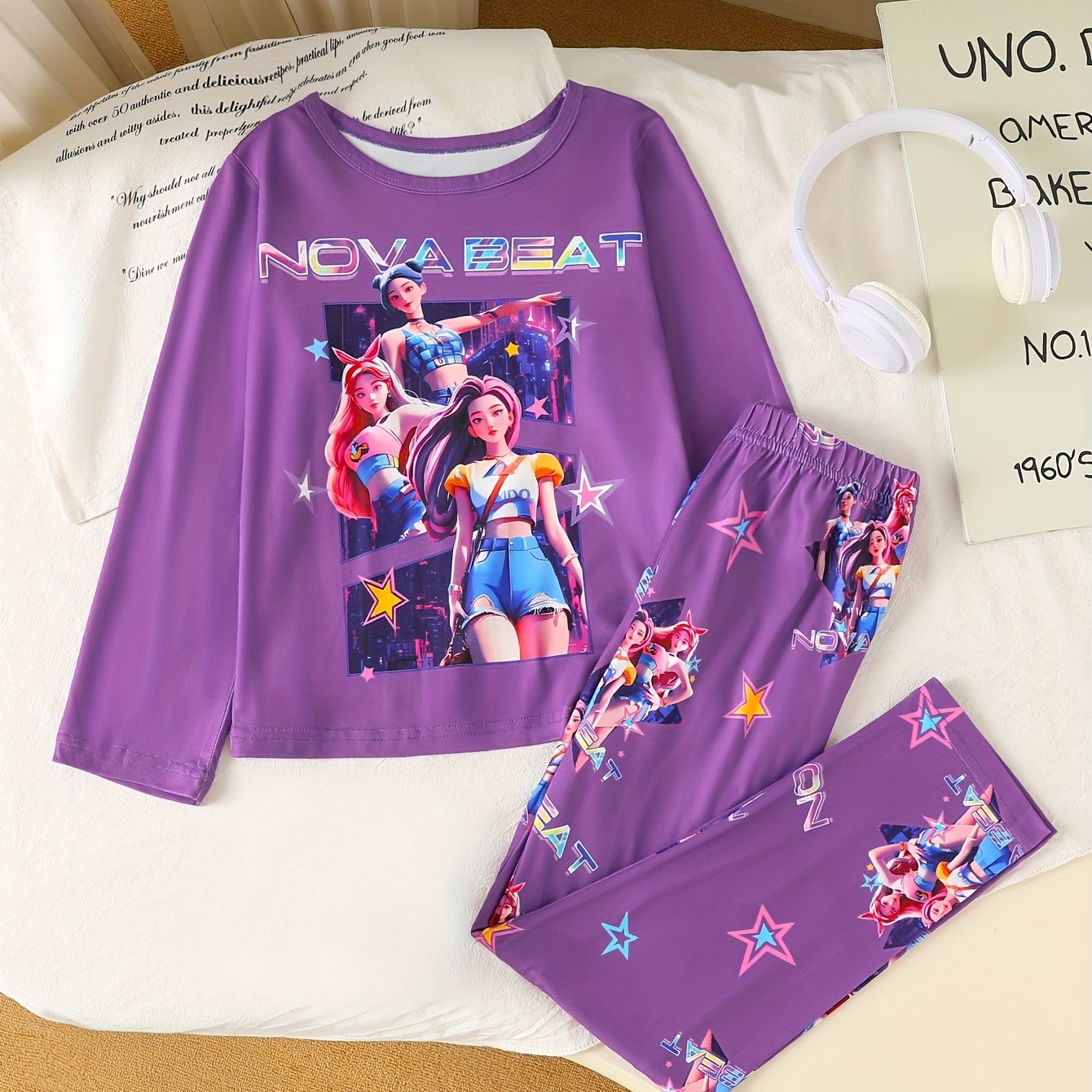 [Kpop Girls' Pajama Set] Kpop Girls' Pajama Set | Medium Stretch, Portrait Pattern, Crew Neck, Ages 8-12, All Seasons