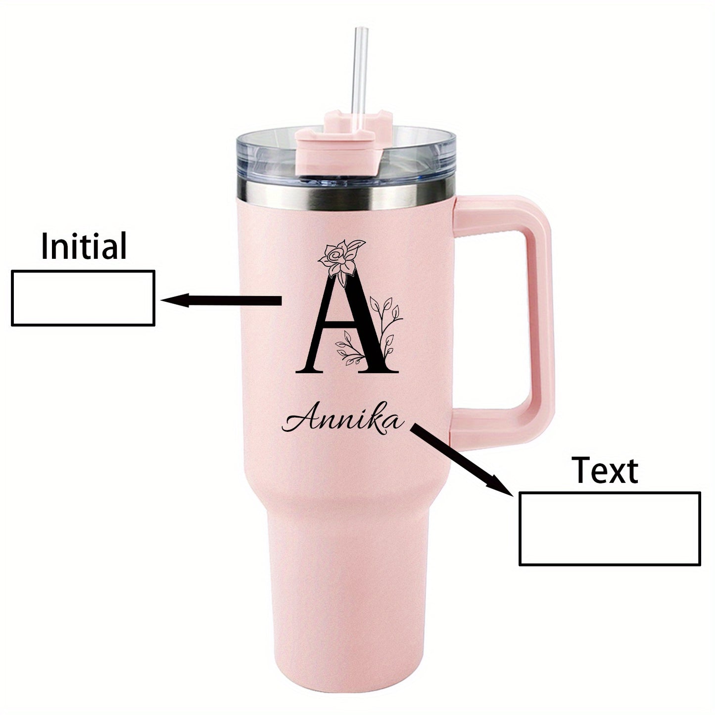 [Personalized Thermos Cup] 40oz Customized Name Thermos Cup | Double Wall Stainless Steel Handle Insulated Coffee Cup, Large Capacity with Lid And Straw, Personalized Gift with First Letter Flower Design, Travel And Office Cu