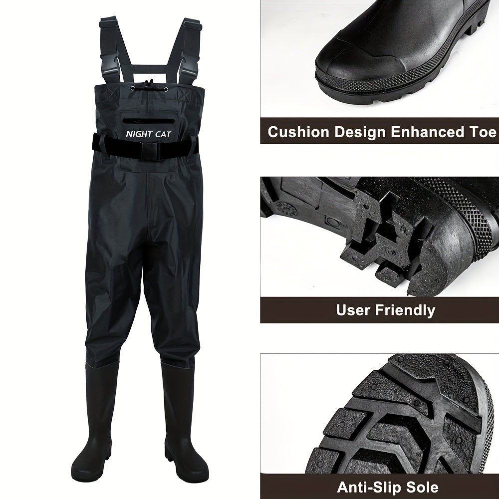 Unisex Nylon Fishing Waders for Men And Women, Featuring PVC Boots, an Adjustable Waist Belt, And a Lightweight, Breathable Design. Available in Black, Sizes 6.5 to 13.