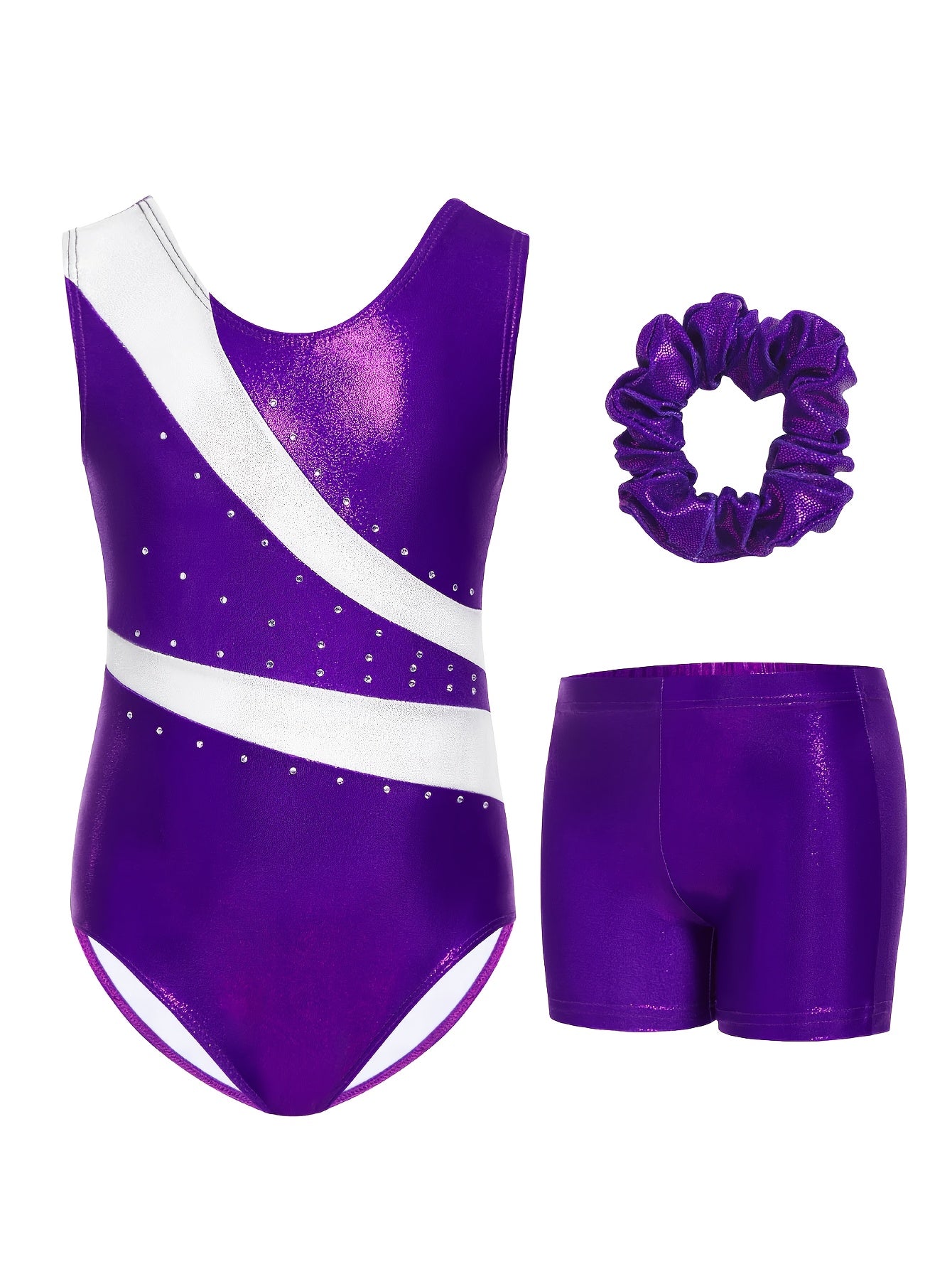 Girls Rhinestone Gymnastics Leotard Shorts Hair Tie Set 3 Piece