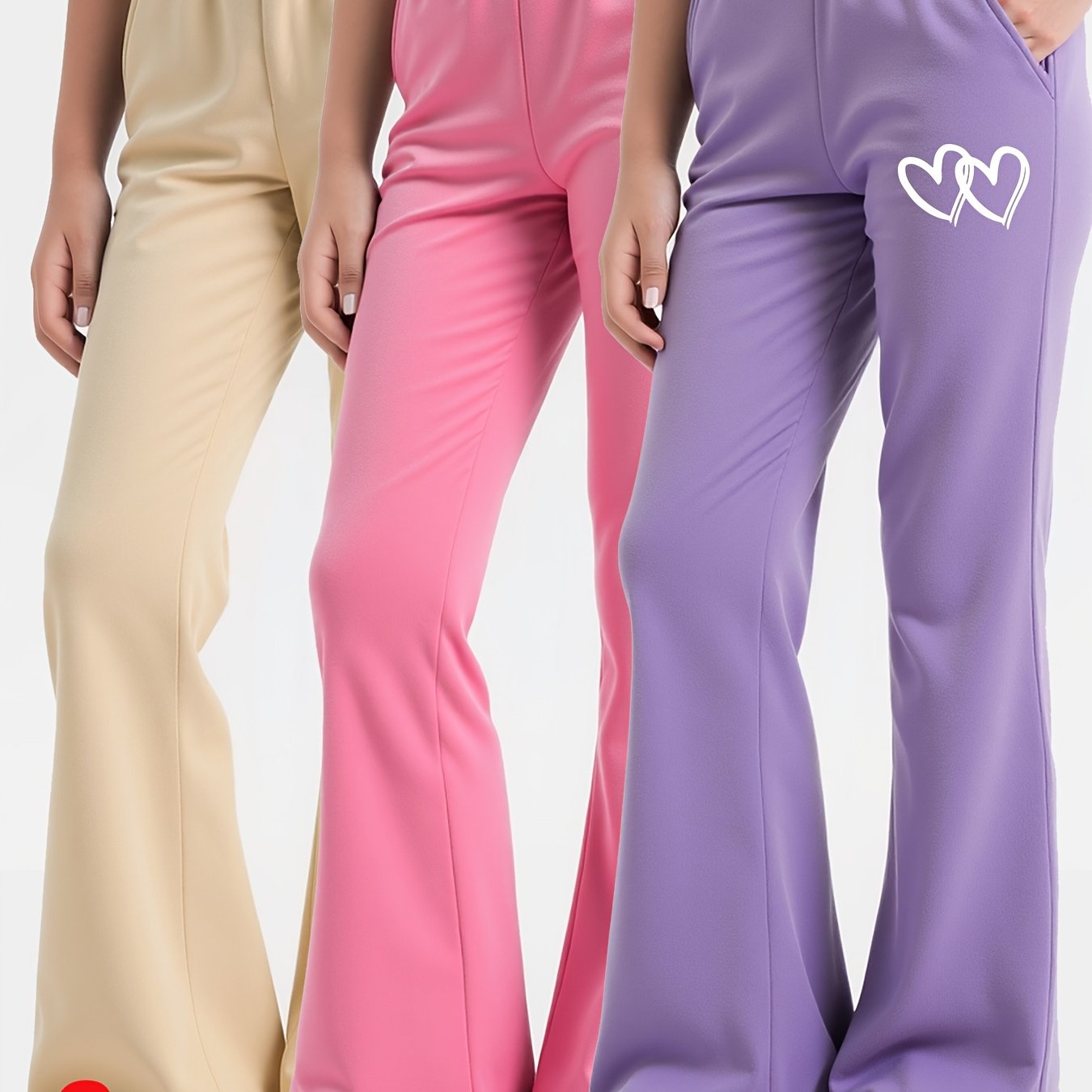 Three Piece Set Girls Flared Pants With Heart Design And Fleece Lining