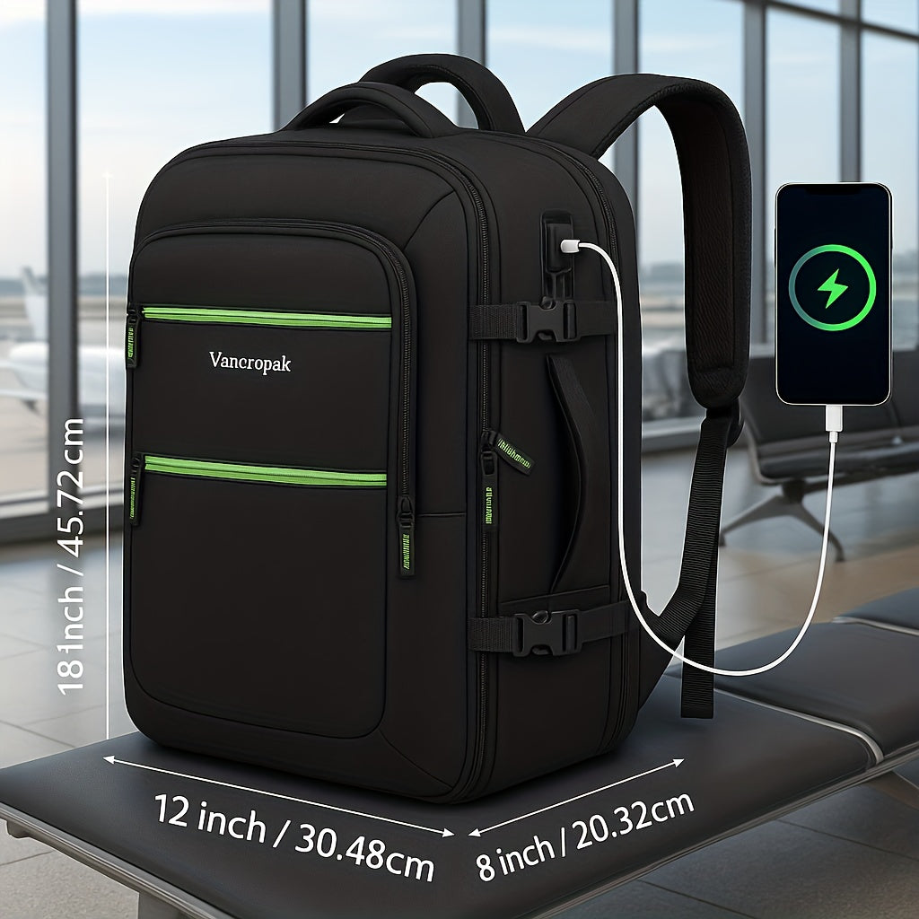 Airline Approved Carry-On Backpack with Removable Shoe Compartment & USB Port - TSA Laptop Bag for 17.3" Devices, Large Travel Suitcase Backpack for Men & Women, Fits 10-12 Shoe Size (Black) - Under /Hoverbin Compatible Lugga