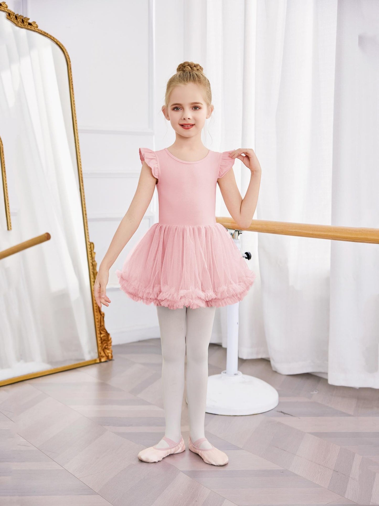 Girls' Ballet Tutu Dance Dress with Cross-Back Design & Ruffled Sleeves - White A-Line Leotard for Ballet, Gymnastics, Recitals - All-Season Comfort, Round Neck, Solid Color, Ballet Dress, Gymnastics Attire, Elegant Dancewear