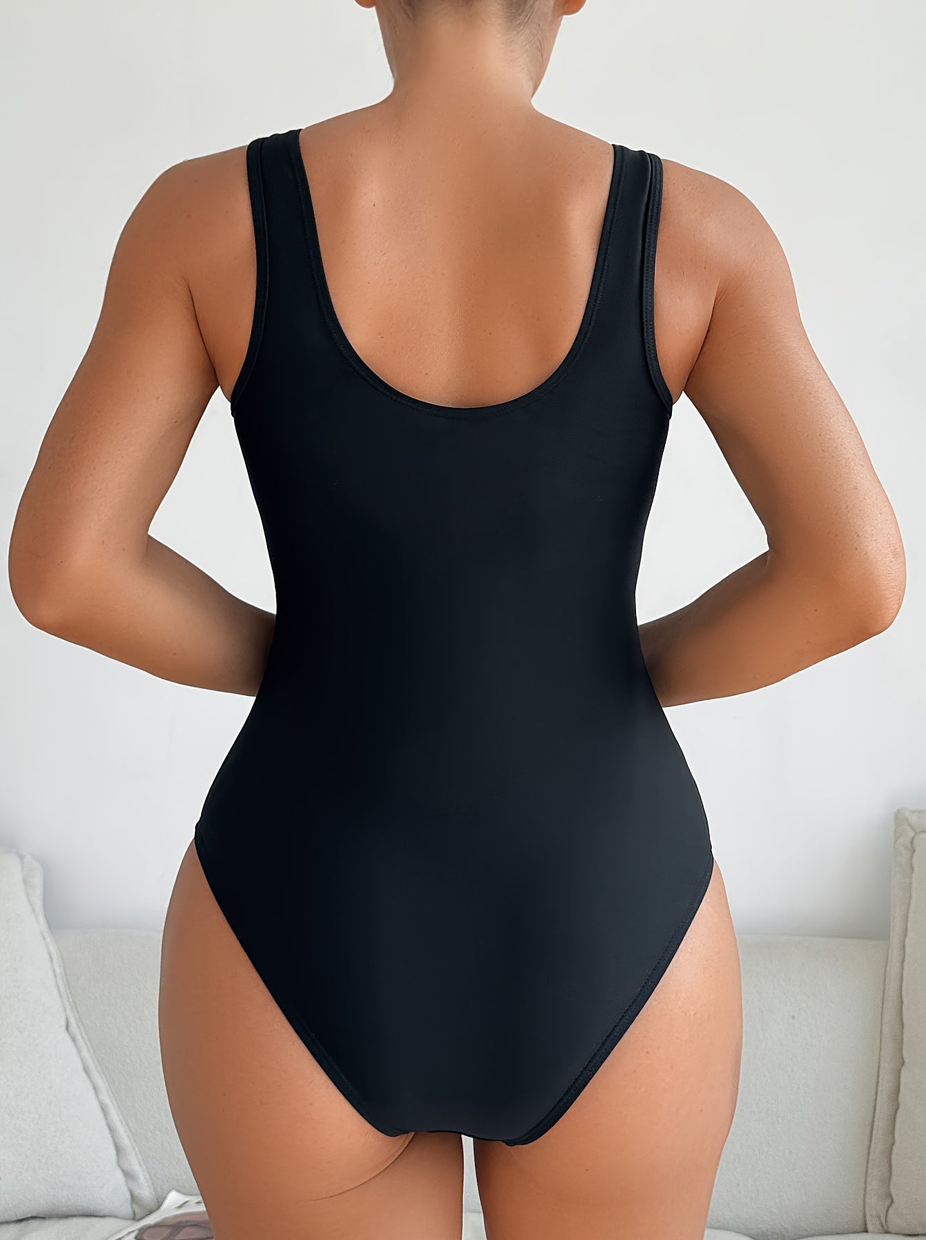 JSW Women'S Sexy Double Shoulder One-Piece Swimsuit - Perforated Mesh Patchwork, Removable Chest Pads, High Elasticity & Machine Washable - Elegant Solid Black for Beach & Pool, Poolside Attire, Sensual Swimwear, Semitranspar