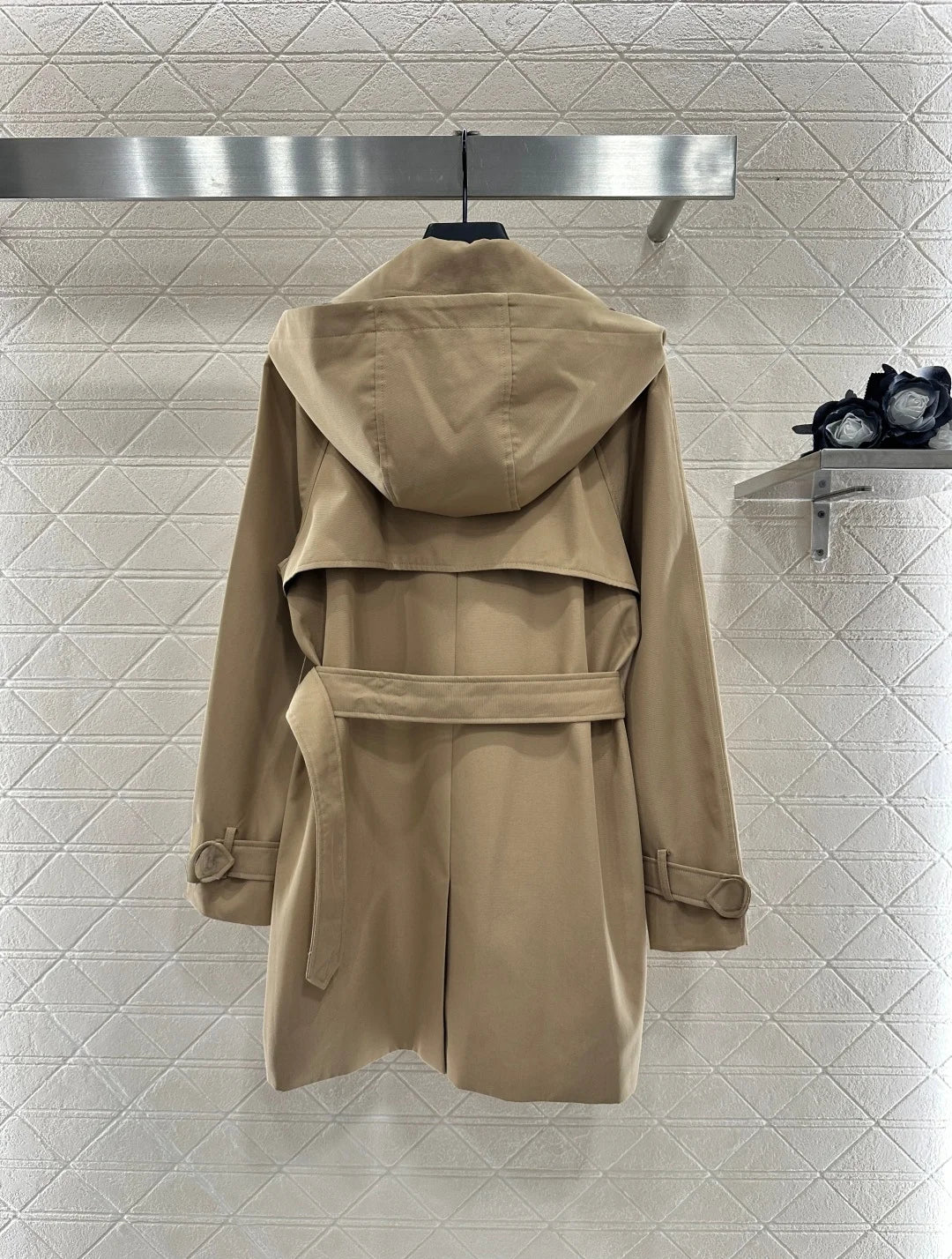 Women Belted Lapel Windbreaker Jacket Front Button Row