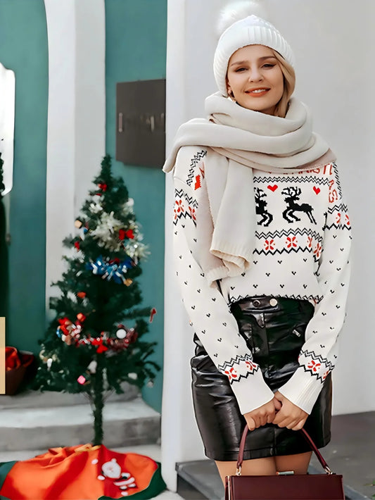 Women Christmas Loose Knit Sweater Long Sleeve Round Neck Pullover With Cute Animal Pattern Embroidery