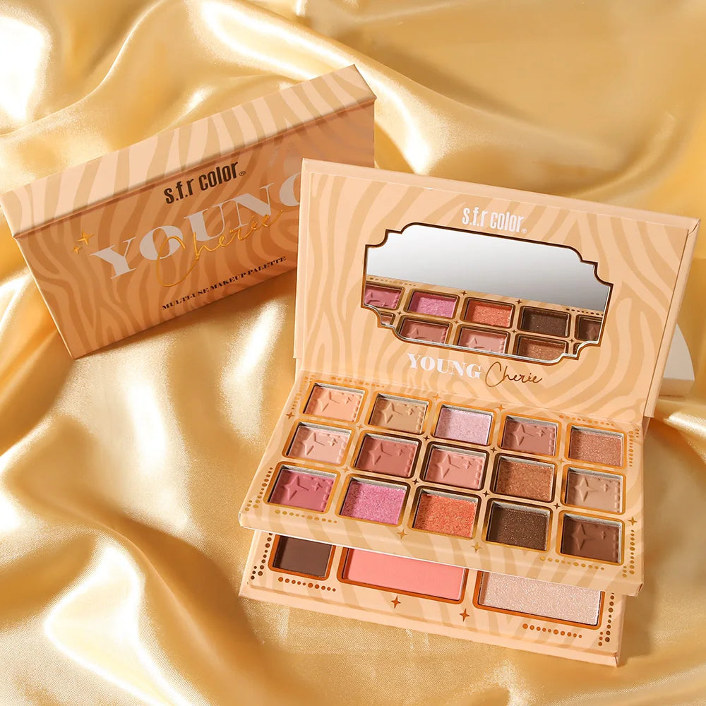 All In One Neutral Nude Makeup Palette, 15 Eyeshadow + Eyebrow Powder + Blush + Highlight Set, Matte Shimmer Warm Earth Tone Multifunctional Face Eye Cosmetic Kit