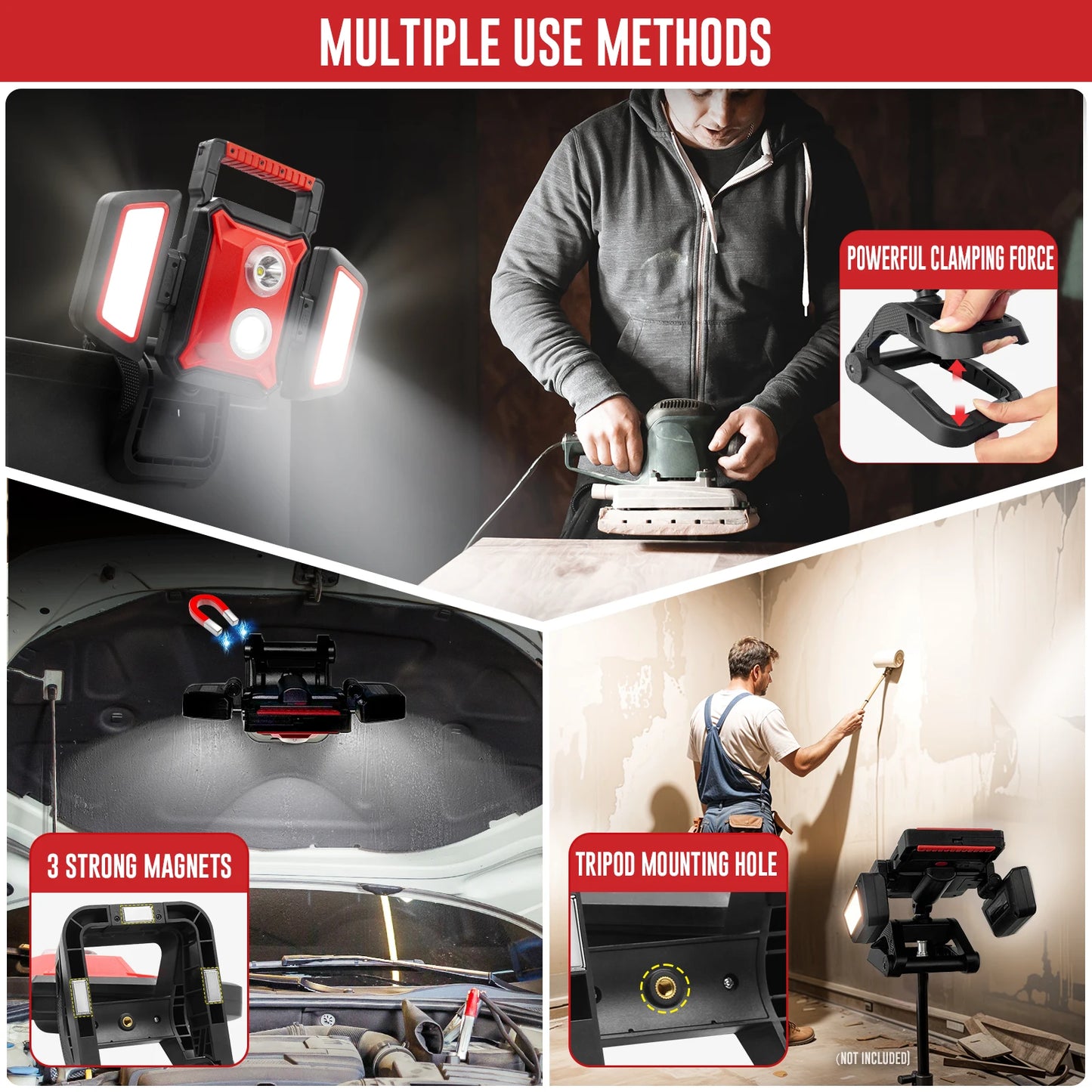 LED Work Light Rechargeable Clamp Magnetic 5 Modes Portable