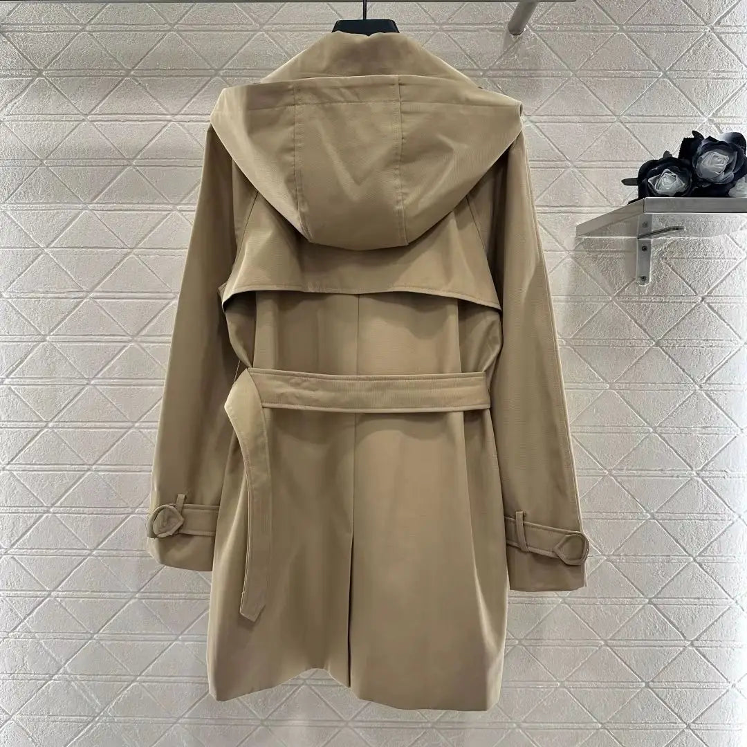 Women Belted Lapel Windbreaker Jacket Front Button Row