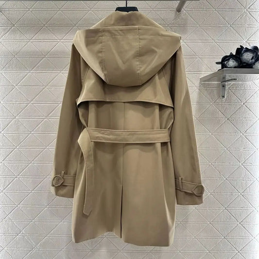 Women Belted Lapel Windbreaker Jacket Front Button Row