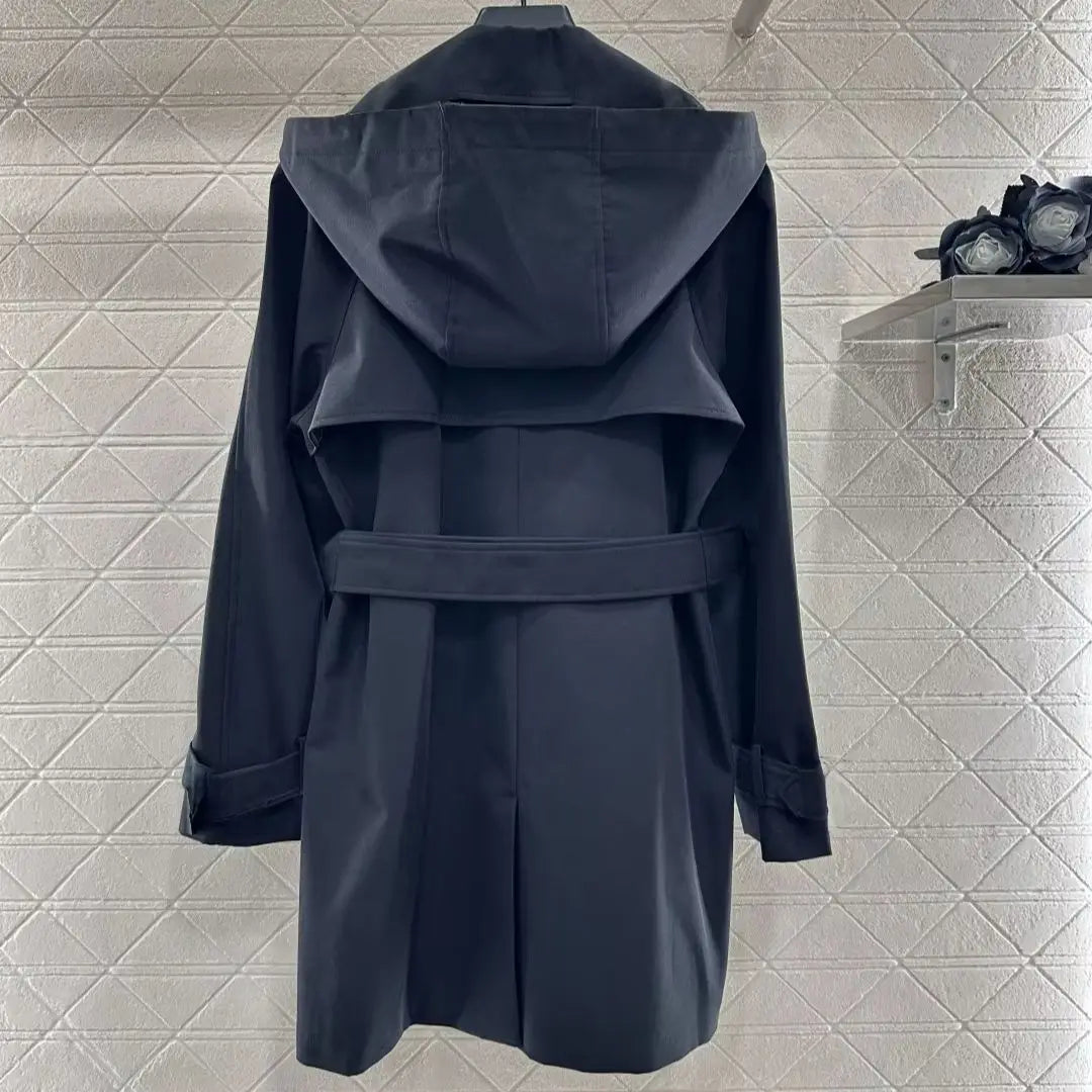 Women Belted Lapel Windbreaker Jacket Front Button Row