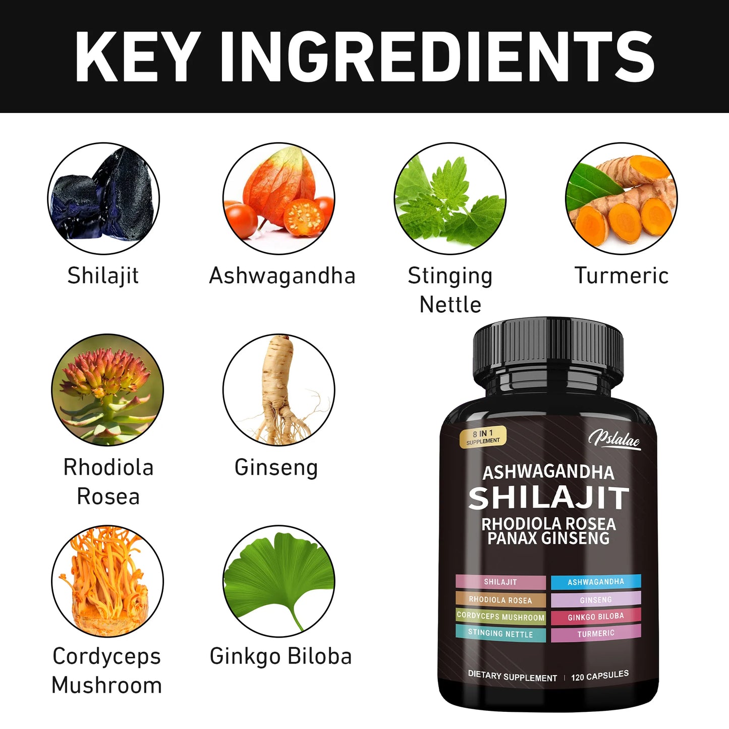Shilajit, Ashwagandha, Rhodiola Rosea, Panax Ginseng - Boosts Energy and Endurance, Increases Muscle Mass - 120 Capsules