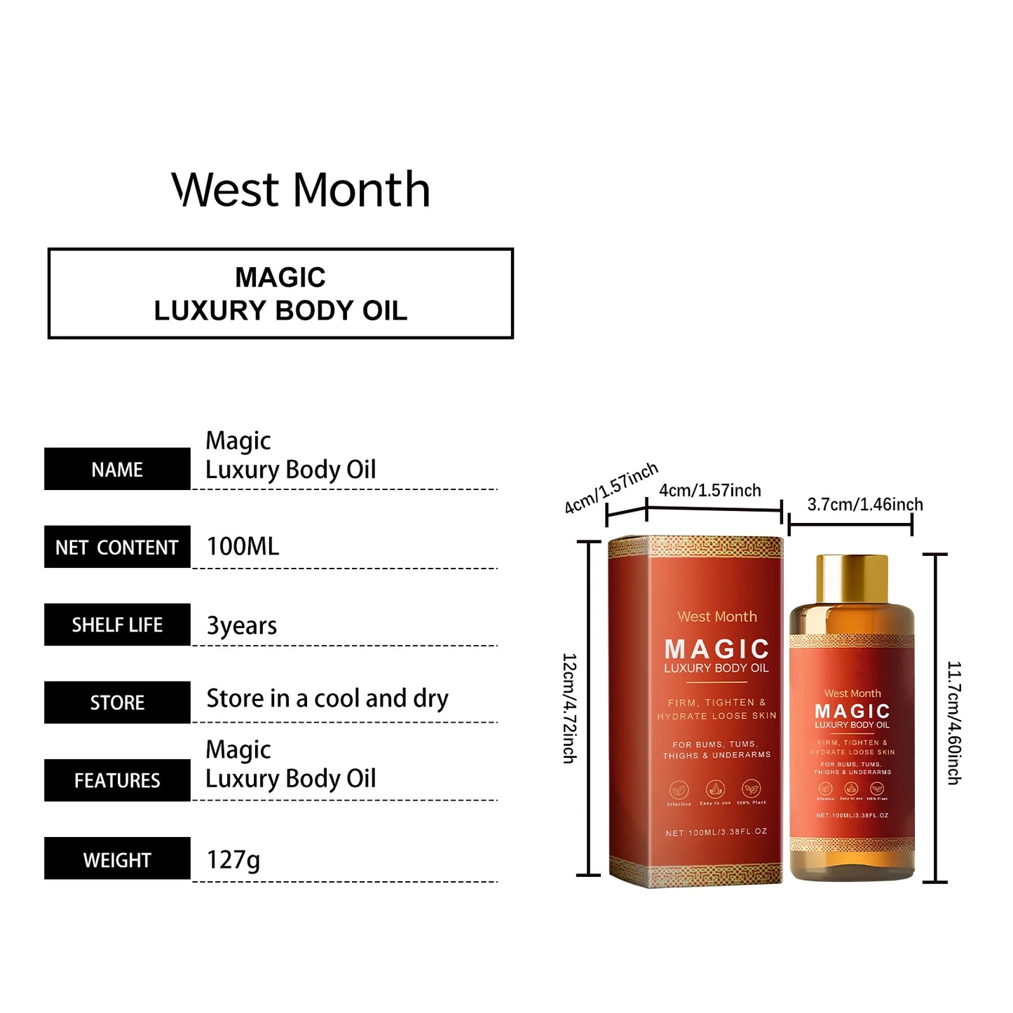 West&Month 100ml Magic Luxury Body Oil Firming Skin Moisturizing Dry Skin Rejuvenate Massage Improve Roughness Nourish Body Oil