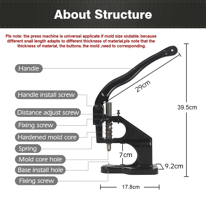 WUTA Hand Press Button Installation Machine Manual Press Grommet Eyelet Installer Tools Snap Fastener Metal Mold Mute Craft Tool