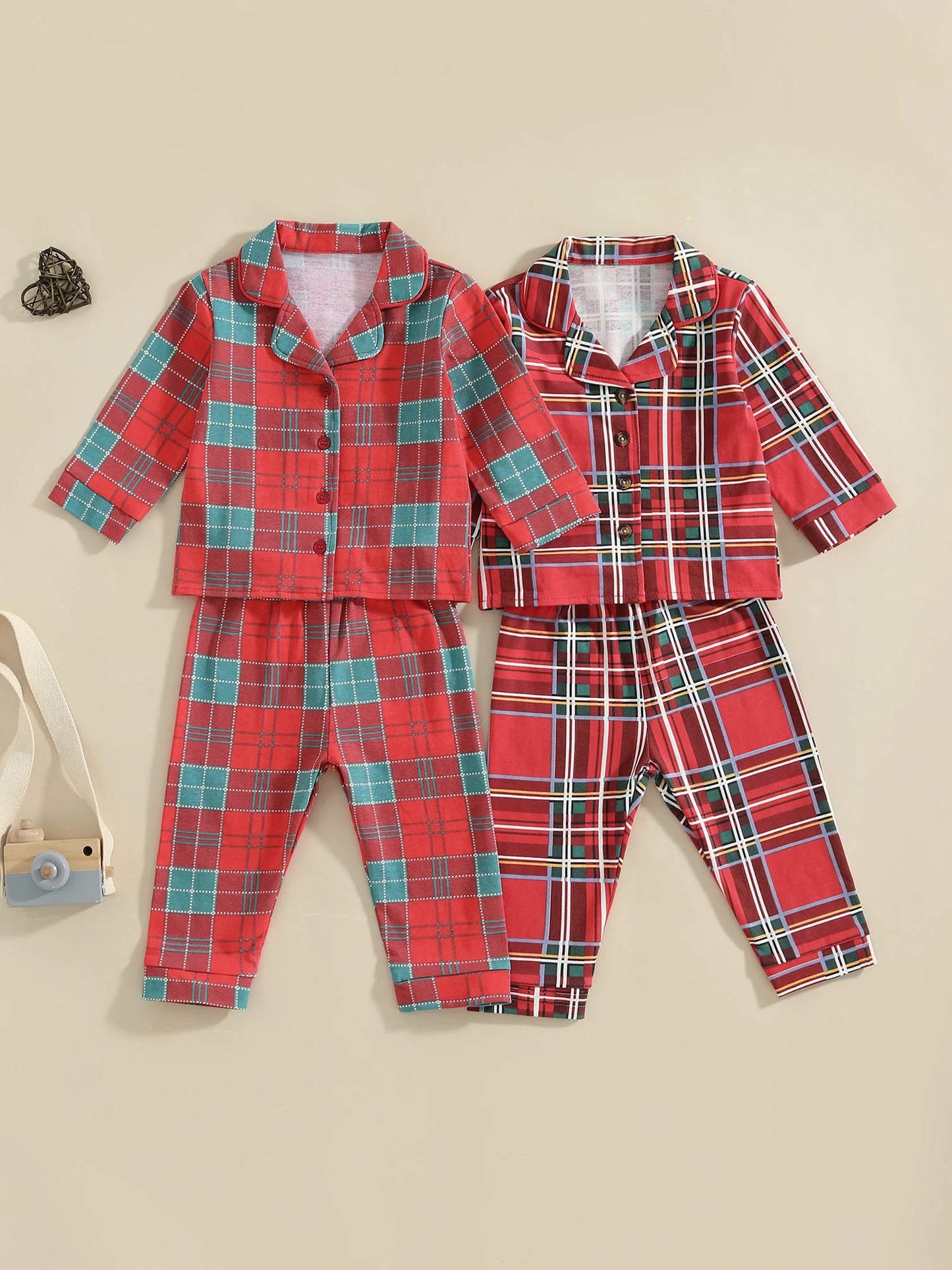 Child Autumn Checkered Pattern Pajama Set With Long Sleeve Lapel Collar Button Down Top And Matching Pants For Cozy