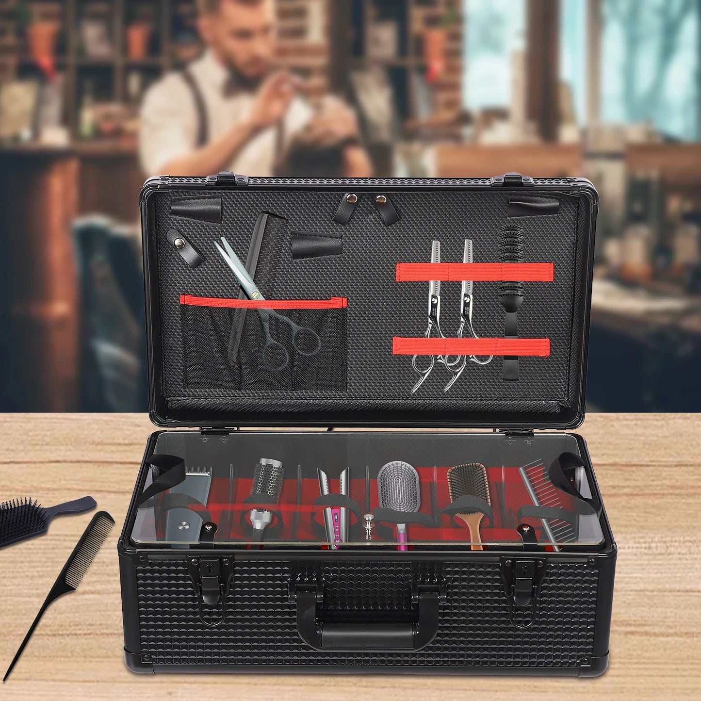 Professional Barber Case, Barber Makeup Supplies Case, Barbers Suitcase with Robust Secure Lock for Scissors, Clippers, Barber Tool Organizer Black
