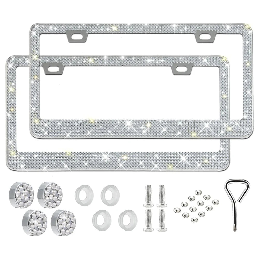 2PCS Bling Crystal Diamond Car License Plate Frame Stainless Steel Shiny Rhinestone License Plate Cover Holder Universal Auto License Tag Frames