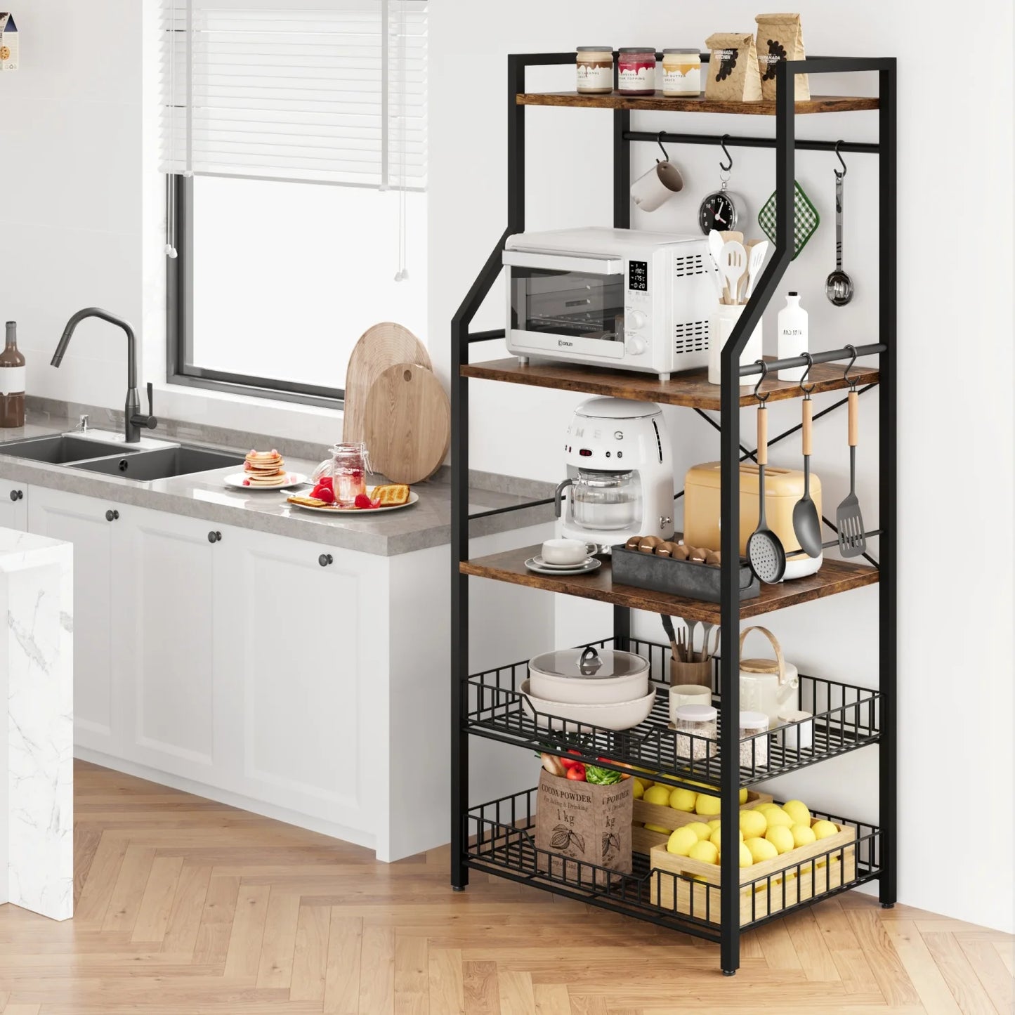 HiMISS Kitchen Bakers Rack With Microwave Oven Stand And Baskets