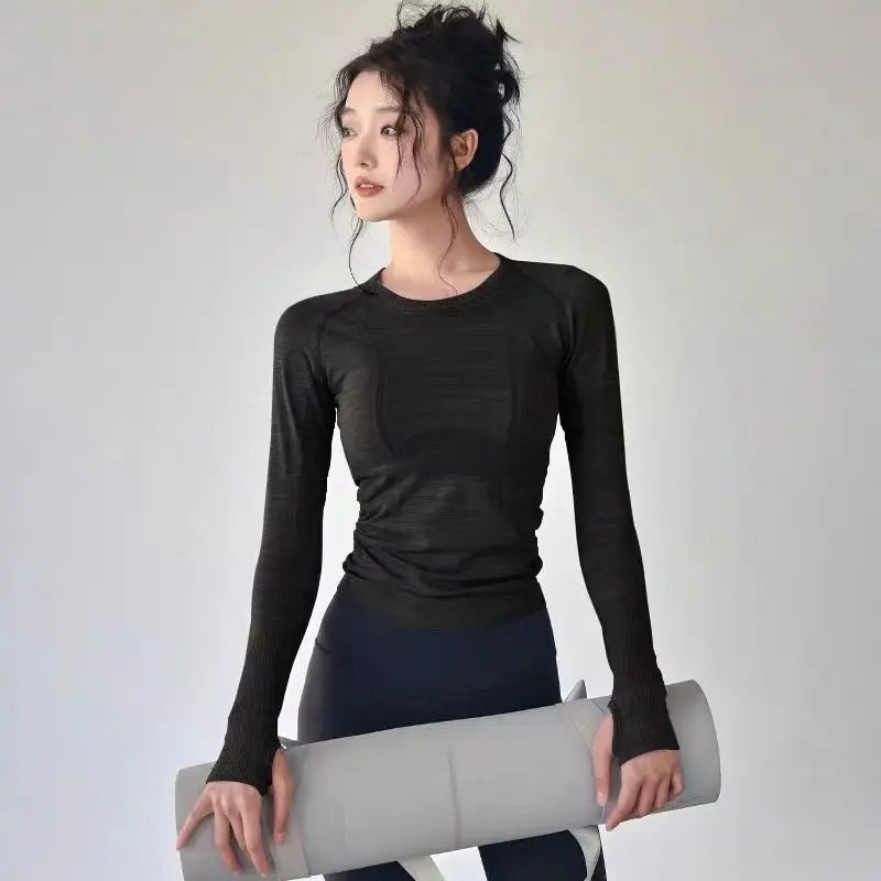 Women Seamless Round Neck Yoga Top Long Sleeve Shirt Winter