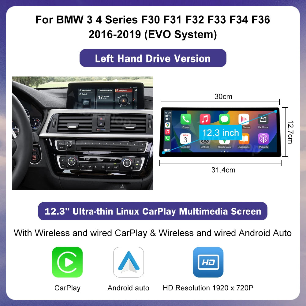 Road Top 12.3 Inch Ultra Thin Screen For BMW 3 4 Series F30 F31 F32 F33 F34 F36 With CarPlay Android Auto