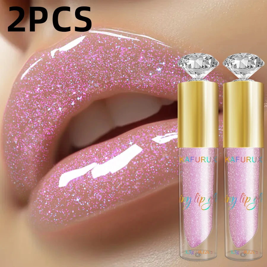 2pcs Moisturizing Diamond Shimmer Glitter Lip Gloss Set Korean Makeup Sparkling Glitter Liquid Lipstick Pearl Lip Gloss Sexy Lip Oil Sexy Pink Cosmetic for Women Gifts
