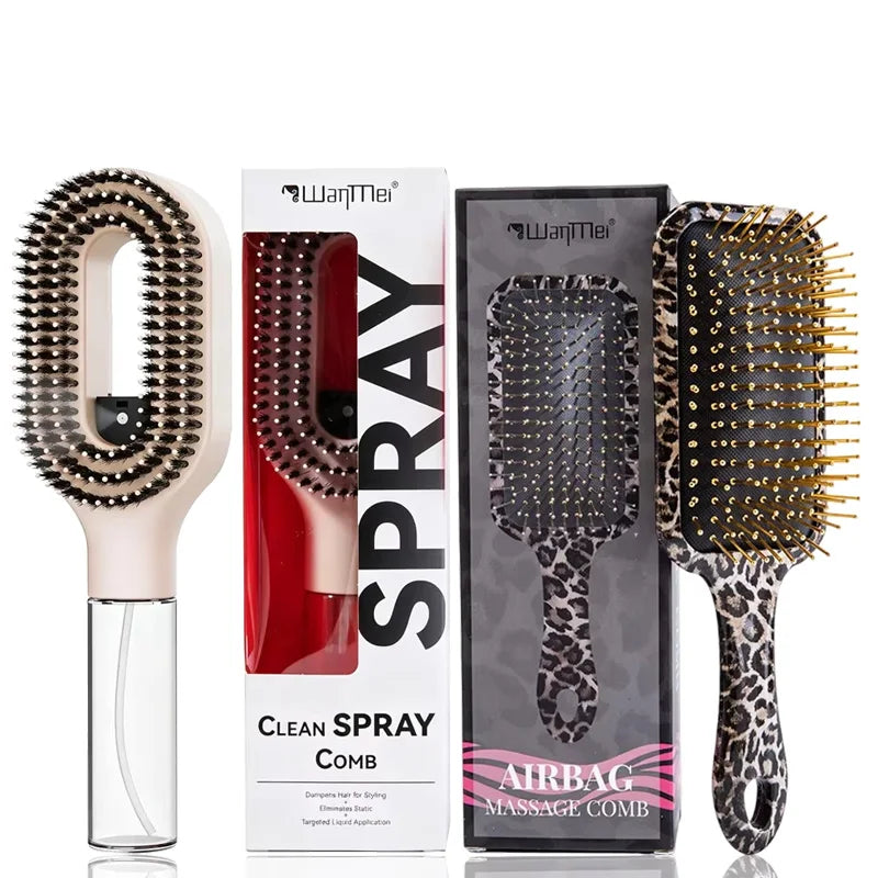 2Pcs Spray Hair Brush & Leopard Paddle Brush Set Refillable Fine Mist Hair Comb Detangle Anti‑Frizz Scalp Massage Air Cushion Hair Styling Tool for Women Wet Dry Hair