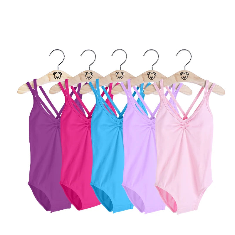 Girls Ballet Leotard Crossed Back Open Crotch Cotton Elastane Dancewear