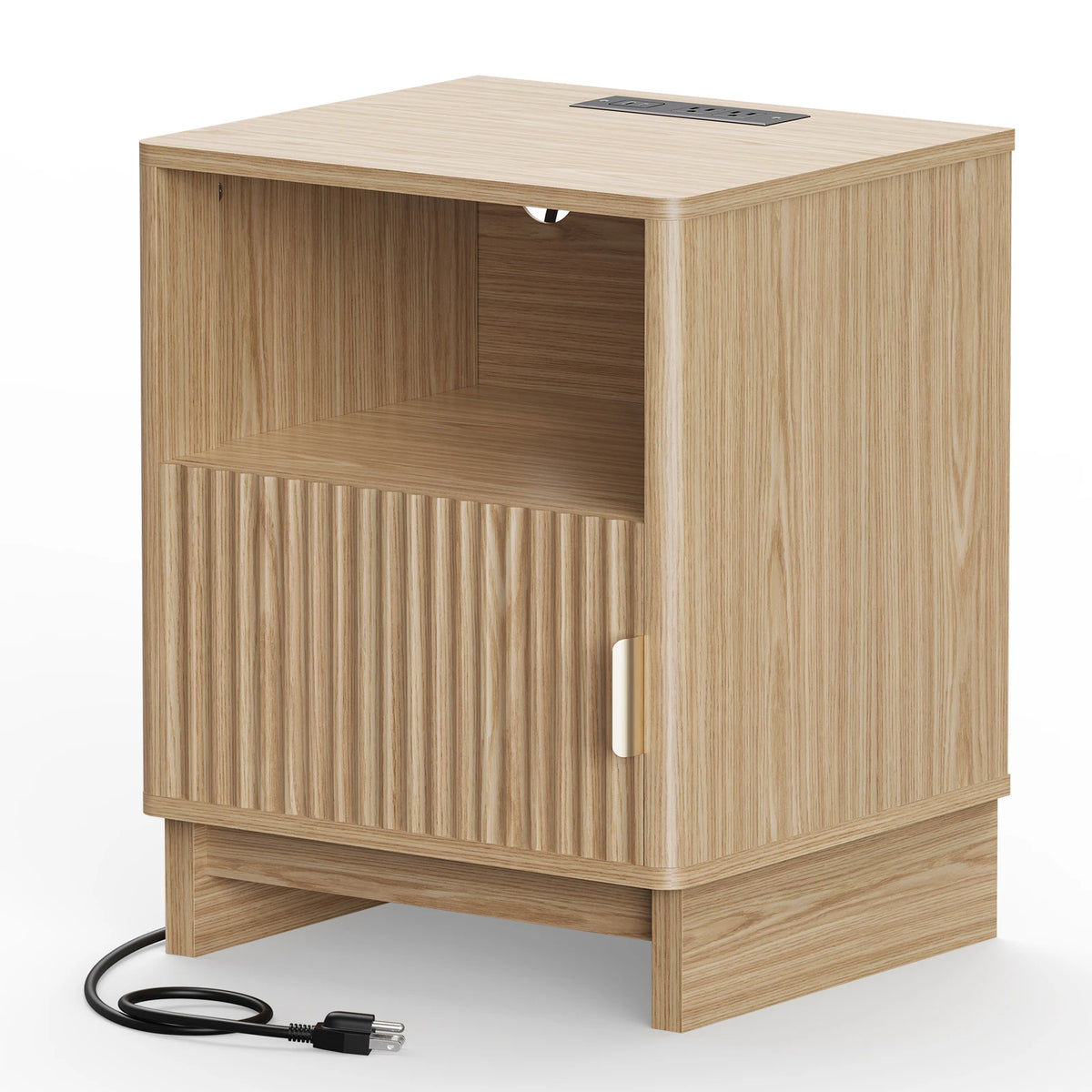 TinyNest Nightstand with Charging Station, Fluted Wood Side Table with Storage Drawers & Open Shelf, Night Stand Bedside Table with 2 AC Outlets, 1 USB A Port, 1 USB C Fast Charging Port, Small End Table Storage Cabinet For B