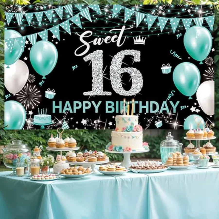 Sweet 16 Party Decorations, Fabric Happy 16th Birthday Banner Backdrop, Sweet Sixteen Birthday Decorations for Girls, Turquoise