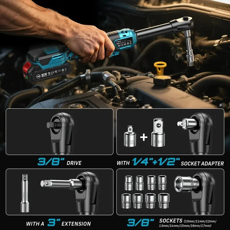 SEESII 21V 6.3'' Extended Electric Ratchet Wrench 3/8'80Nm Cordless Electric Wrench Rechargeable Angle Wrench Car Handheld Toolsfor Makita 18v Battery Pin
