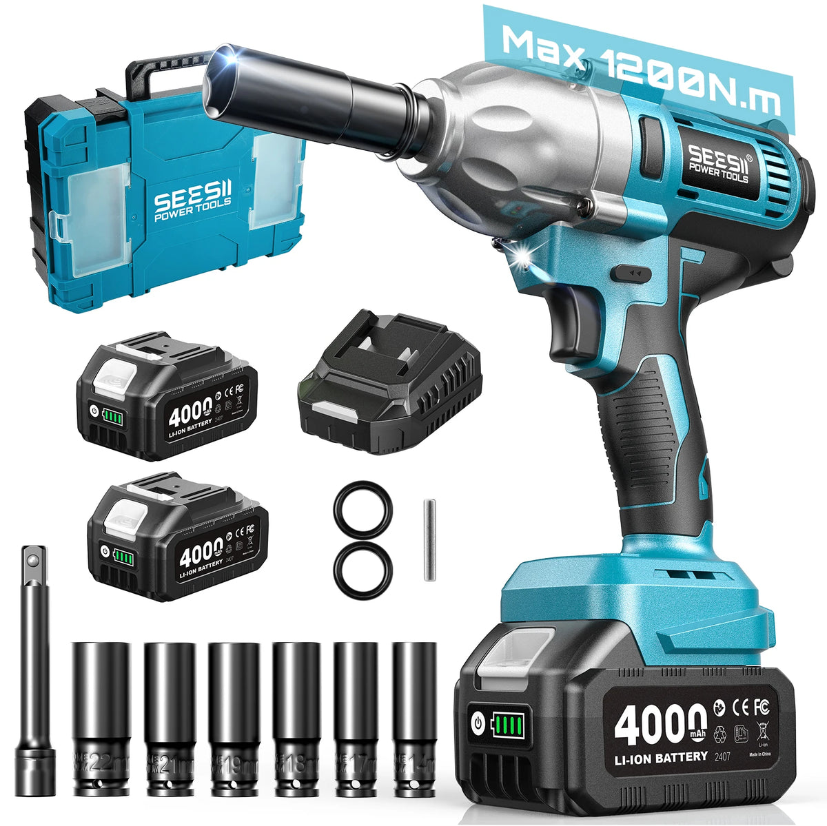 SEESII WH710 Pro 1200N.m Brushless Cordless Impact Wrench 1/2" Electric High Torque Handheld Impact Gun Kit Battery Powered Tool with 4.0Ah Battery LED Light 6 Sockets