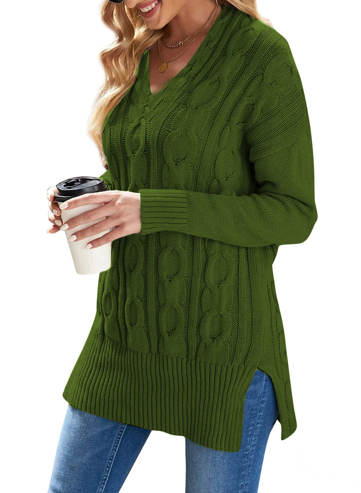 Casual Plus Size Cable Knit Pullover Sweater For Women V Neck Long Sleeve Slit Knitwear Fashion