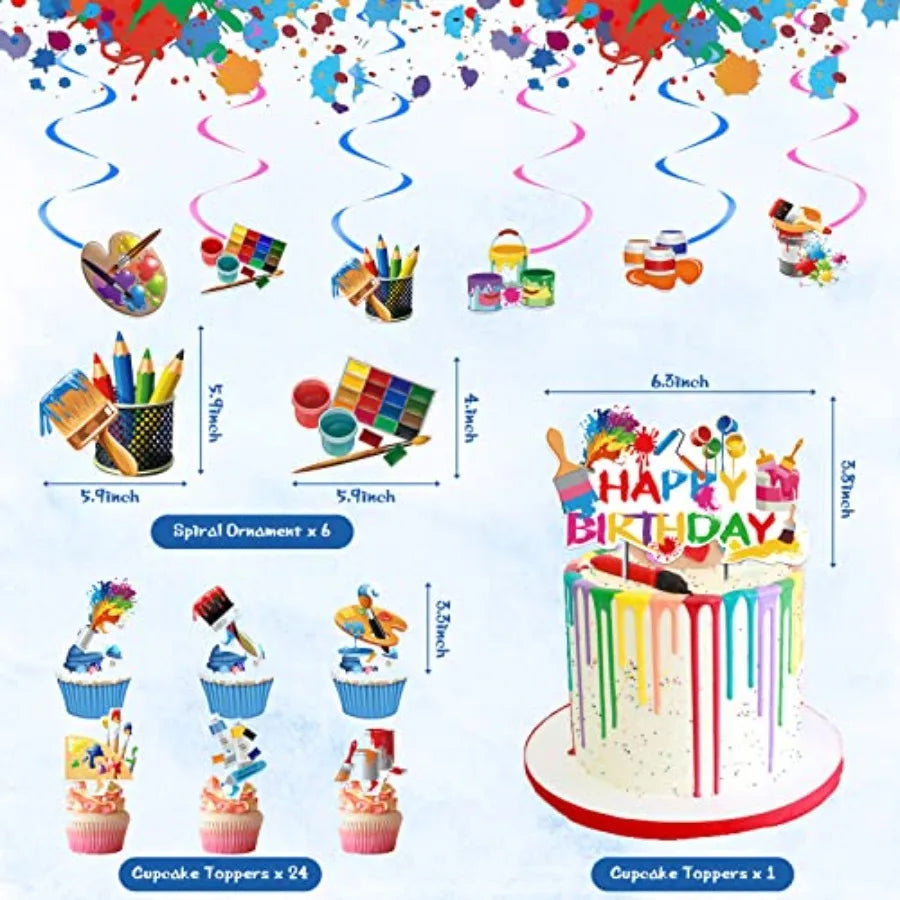 48 Pieces Art Birthday Party Supplies Paint Party Decorations Colorful Latex Balloons Banner Hanging Swirl Cake Cupcake Toppers
