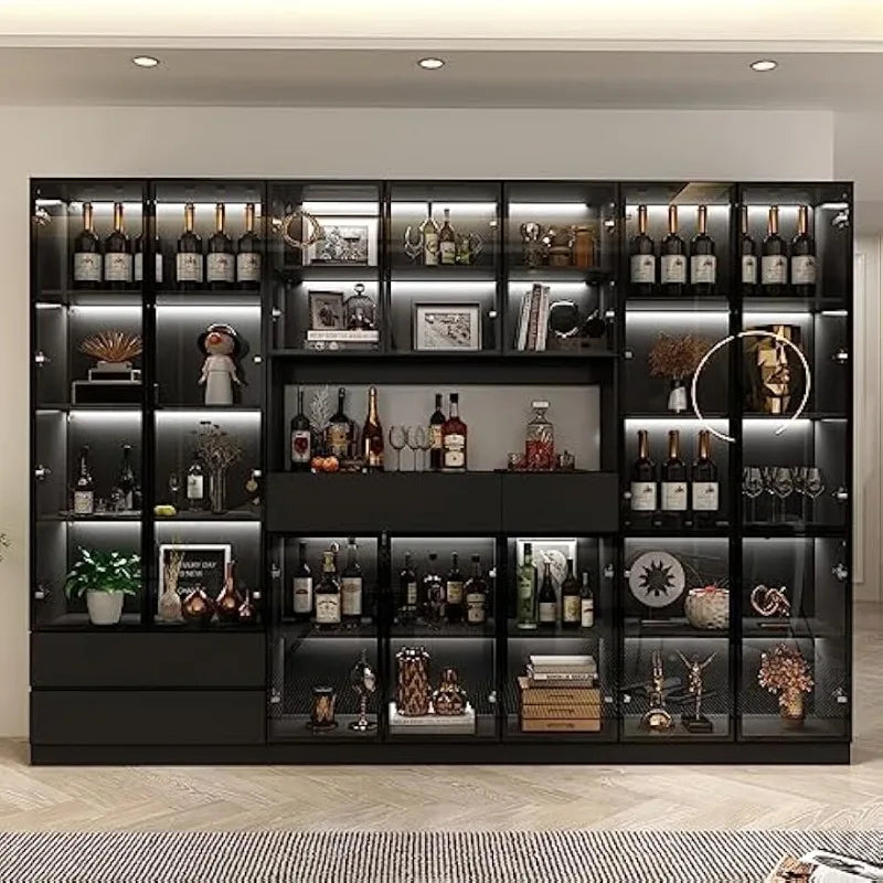 Bookcase Bookshelf With Glass Doors And Lights Large Display Shelf Hutch Five Tier Shelves And Drawers Black