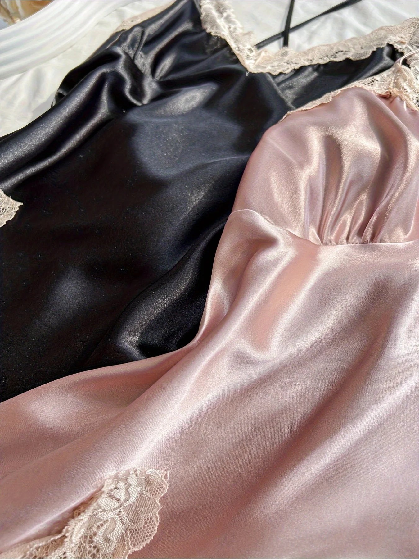 2Pcs Women Satin Sleepwear Set Black And Blush Ruched V Neck Strapless Nightgown Lingerie Dress All Season Nightwear