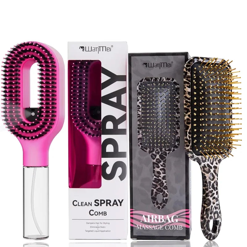 2Pcs Spray Hair Brush & Leopard Paddle Brush Set Refillable Fine Mist Hair Comb Detangle Anti‑Frizz Scalp Massage Air Cushion Hair Styling Tool for Women Wet Dry Hair