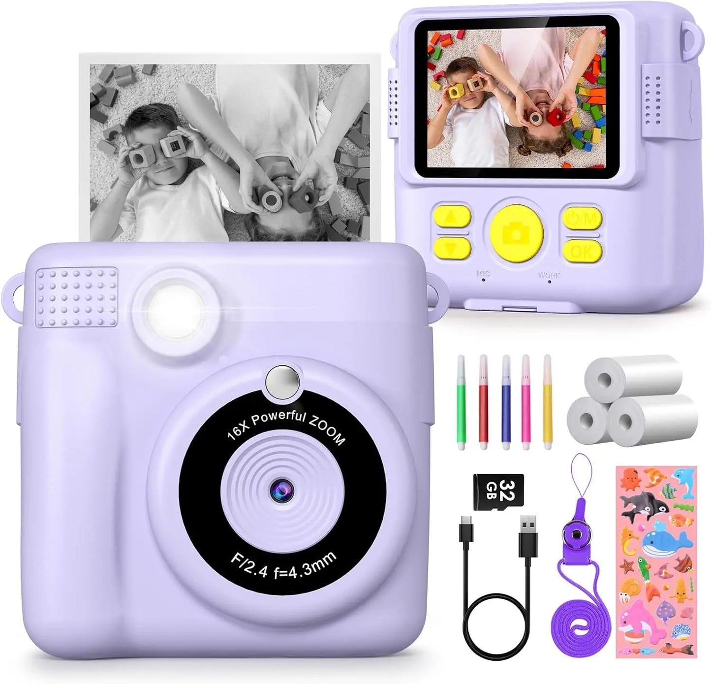 Gofunly Kids Instant Print Camera Thermal Printing Digital Camera 2 Point 4 Inch LCD 1080P For Ages Six To Twelve
