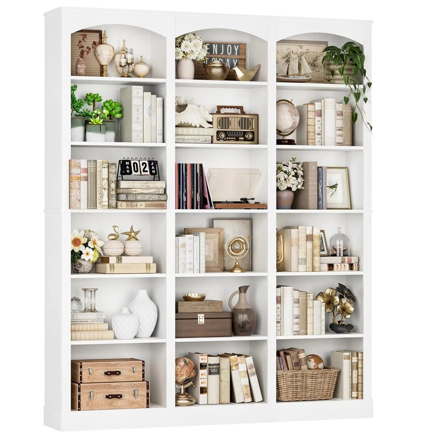 71" Triple Wide Bookshelf, 6 Tier Tall Bookshelf, Large Bookcase with Curved Baffle, 63.4" Wide Book Shelf with 18, Customized