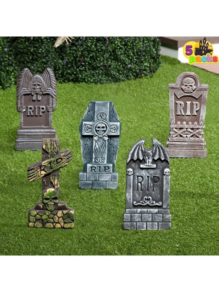 17'' Halloween Foam RIP Graveyard Tombstones, Halloween Tombstones Outdoor Decorations for Graves Decorations with 12 Metal Stakes for Cemetery Yard Lawn Party Decor