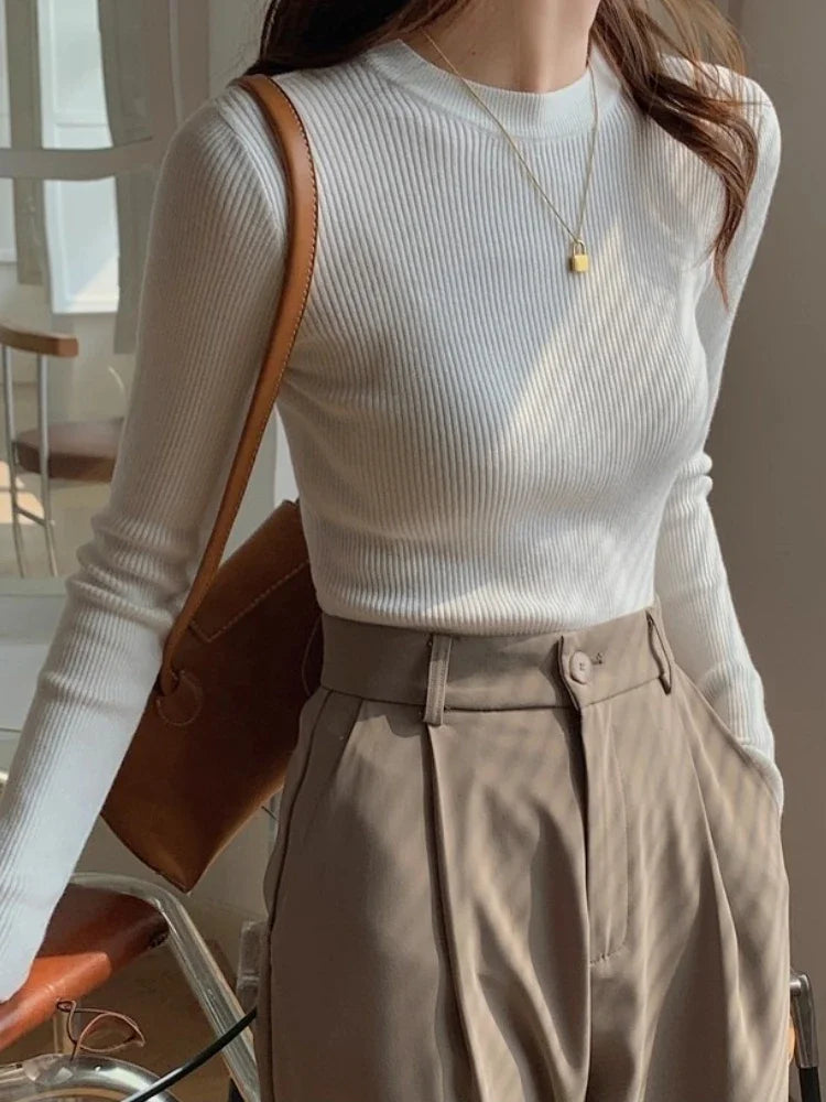 Zjaiss Women Knit O Neck Sweater Slim Fit Long Sleeve