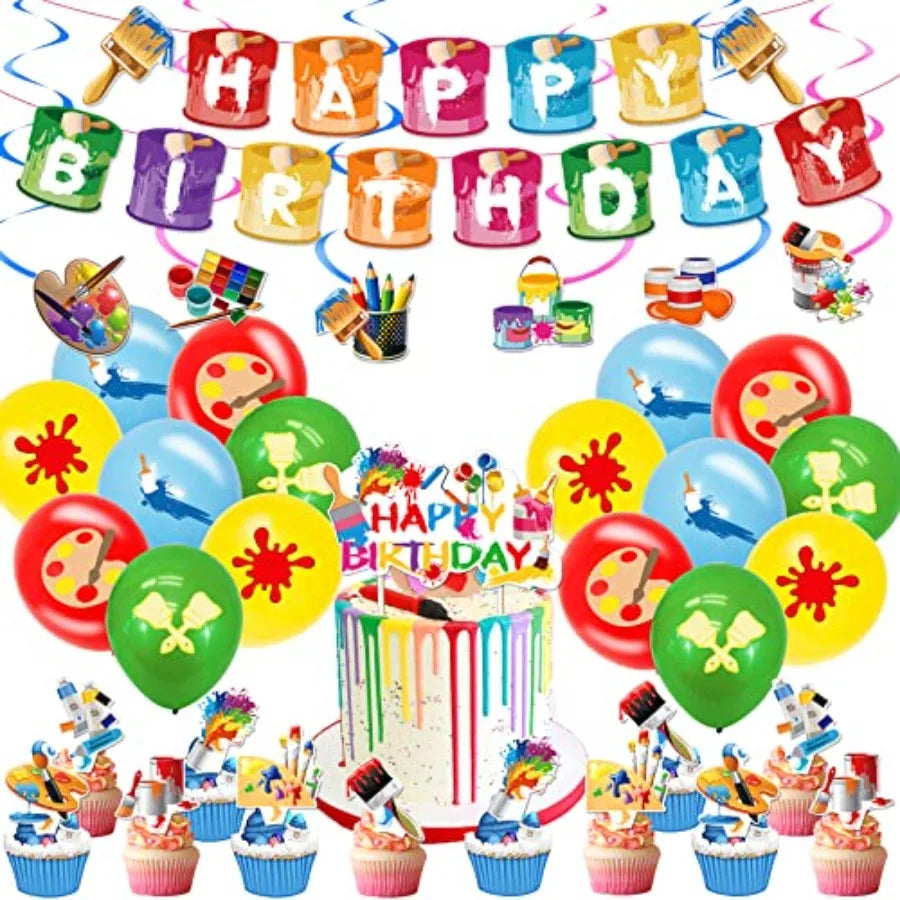48 Pieces Art Birthday Party Supplies Paint Party Decorations Colorful Latex Balloons Banner Hanging Swirl Cake Cupcake Toppers