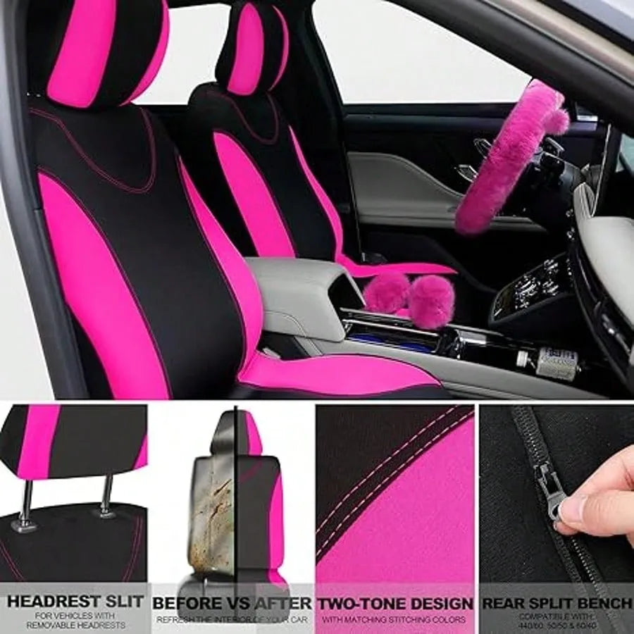 17pcs Car Seat Cover Full Set for Women Universal Fit Car Front Rear Fluffy Steering Wheel Fleece Handbrake Shift Covers Hanging Accessory Holder Ring Emblem (Rose Red Black), Car Seat Cover Full Set