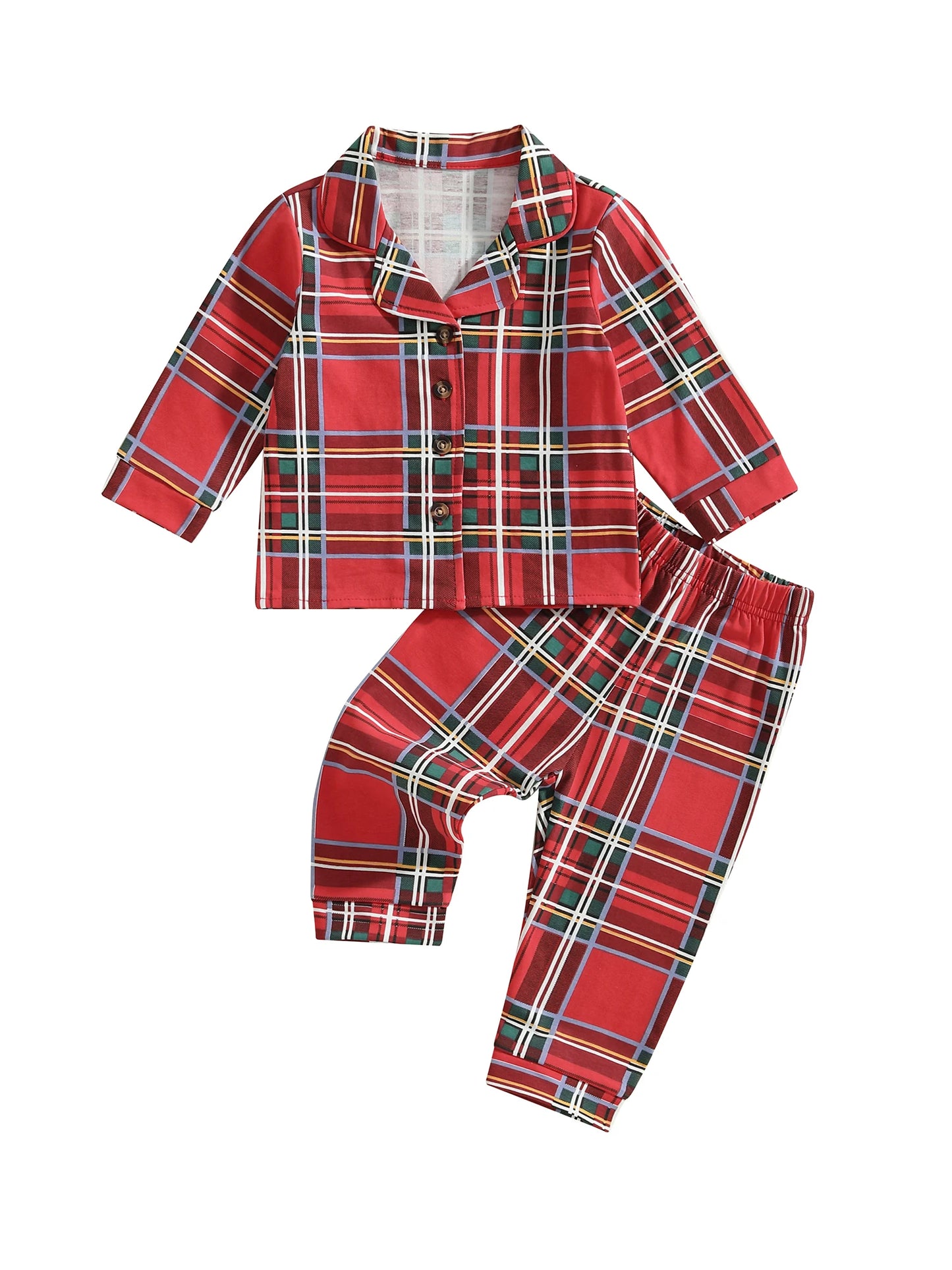 Child Autumn Checkered Pattern Pajama Set With Long Sleeve Lapel Collar Button Down Top And Matching Pants For Cozy