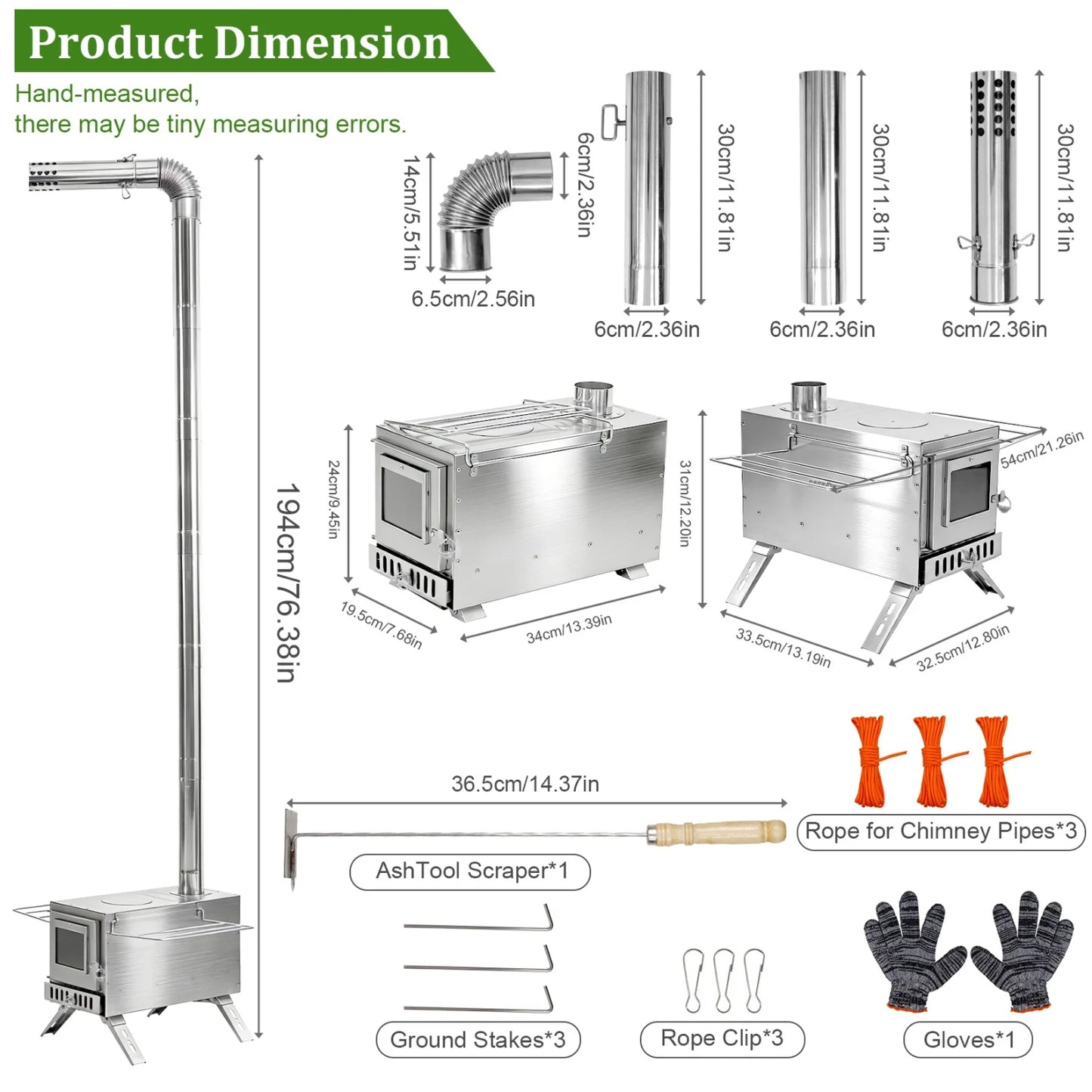  Portable Wood Stove for Camping Cooking & Heating Stainless Steel Wood Burning Stove with 7 Chimney Pipes Fire Pit Stove