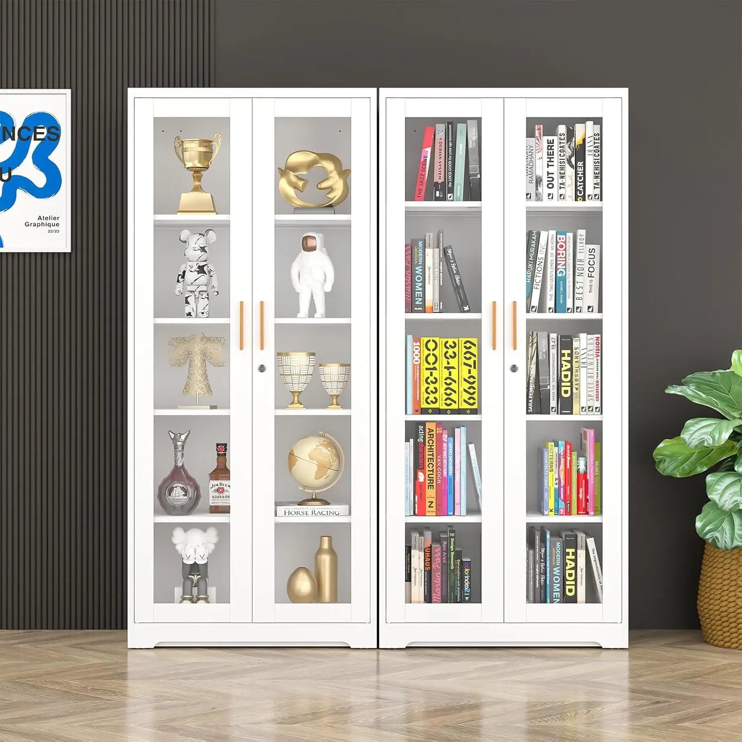Display Cabinet with Glass Doors, 71'' Tall Curio Cabinets with Lock, Metal Glass Display Case for Collectibles, Customized