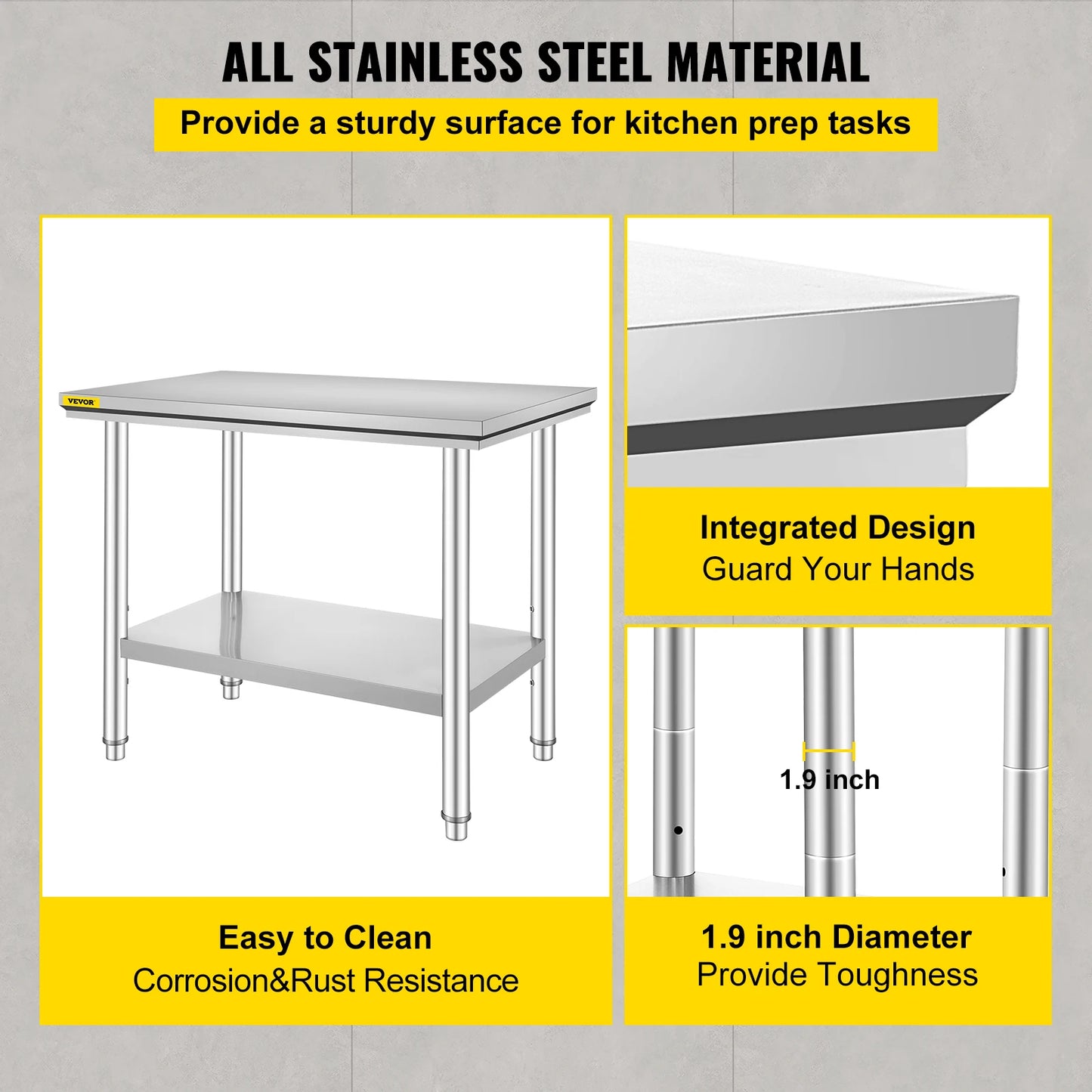 VEVOR Kitchen Work Bench Stainless Steel Commercial Table With Undershelf