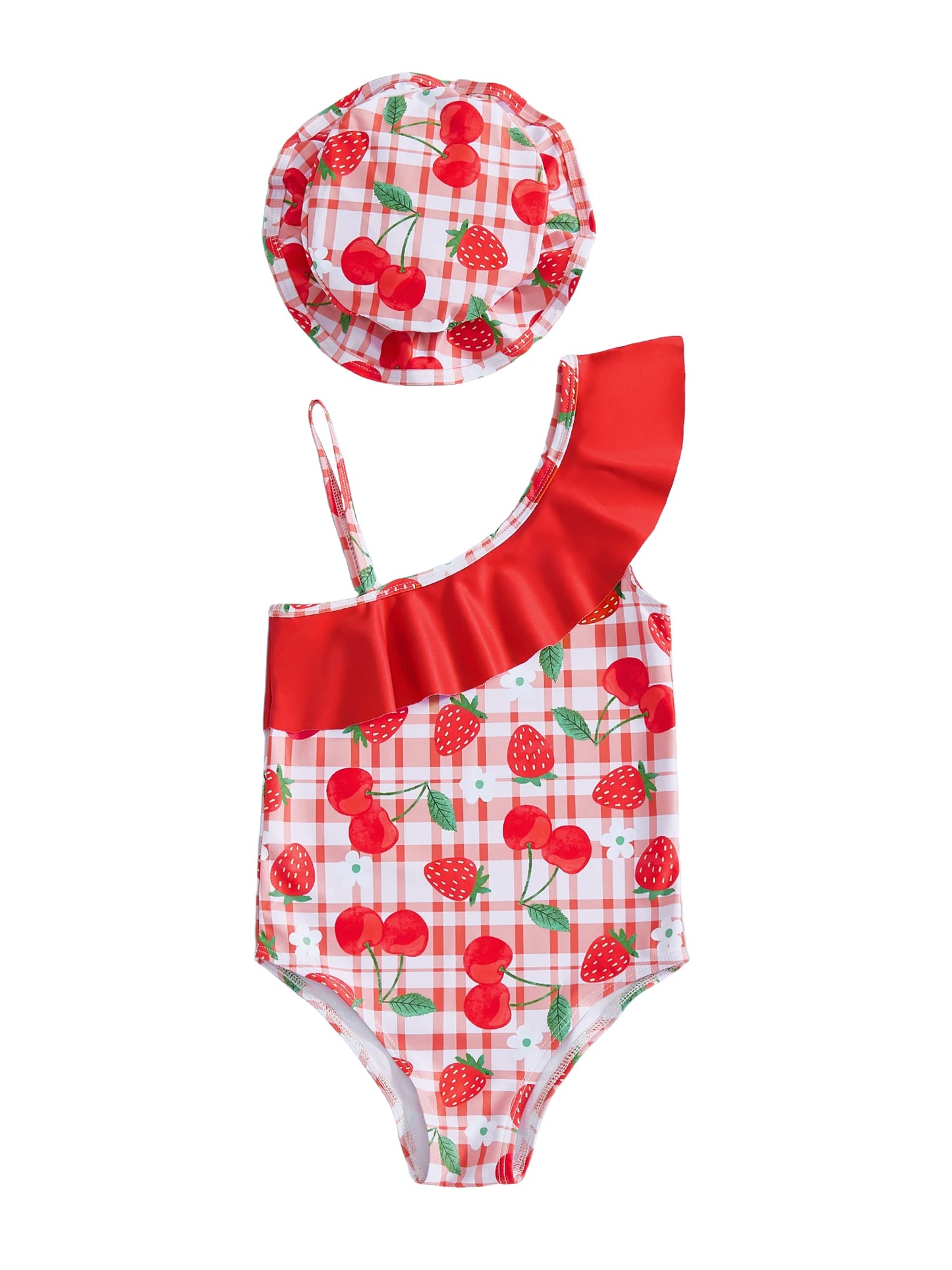 Nonecn Toddler Girls Strawberry Print 2 Piece Swimsuit Set Hat